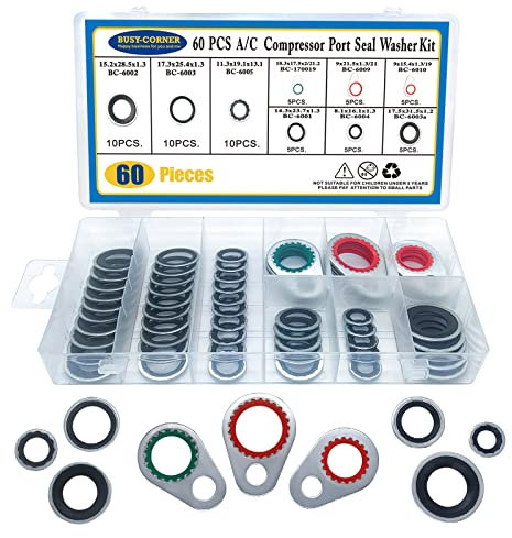 A/C System Compressor Gasket Seals Air Conditioning Compressor Port Seal Washer Kit 60 Pieces Gasket Bonded Seal Assortment