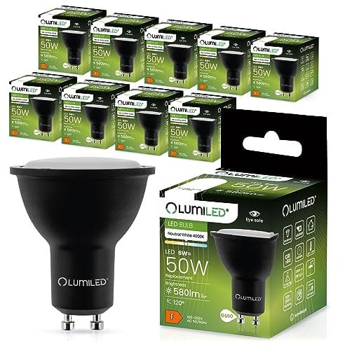 Lumiled LED GU10 Lampe 6W 580lm Neutralweiß 4000K ersetzt 50W Halogen CRI>80 Reflektor Spot Schwarz 120° Abstrahlwinkel Nicht dimmbar 10er Pack Leuchtmittel für Wohnzimmer Küche Flur Hotel Büro
