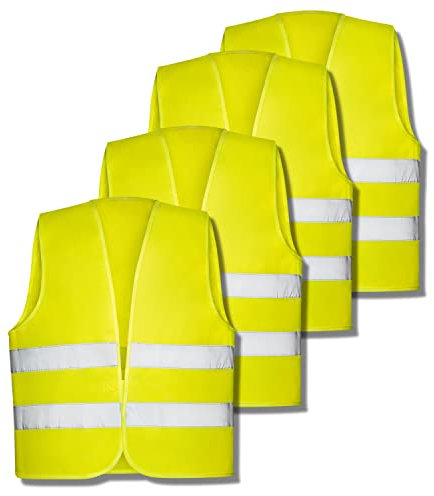 Kuglo Albrecht Auto Warnwesten 4 Stück gelb EN ISO 20471 - PKW Pannenweste 2022 Unfallweste Sicherheitsweste Neongelb reflektierend LKW, Motorrad, Baustellenfahrzeuge