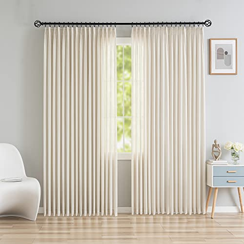 OYRING Extra breite Plissee-Vorhänge aus Kunstleinen, lichtfilternde Vorhänge, halbtransparente Plissee-Vorhänge mit Haken für Wohnzimmer, natürliches Leinen (1 Bahn, 254 cm B x 213,4 cm L)