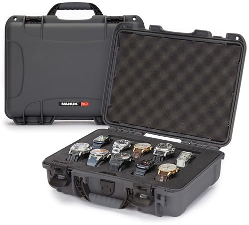 NANUK 910 – Wasserdichter Reisekoffer für Uhren, 10 Fächer, stoß- und staubfest, als Handgepäck geeignet, Innenausstattung aus Premium-Schaumstoff (36,3 × 28,2 × 12 cm) (Graphit)
