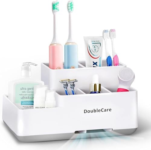 DoubleCare Toothbrush Holder,Bathroom Organizer Countertop Detachable for Easy Cleaning, Multifunctional Storage,Bathroom Caddy for Toothpaste,Shaver,Great for Home, Vanity Organizer