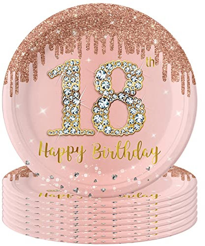POPOYU 16 Pièces Assiette Jetable Anniversaire 18 ans,9 Pouces Assiette Rose et Or Decoration Joyeux Anniversaire,Assiette Dessert Papier Décorées de Fête pour Deco Table Anniversaire 18 ans Fille