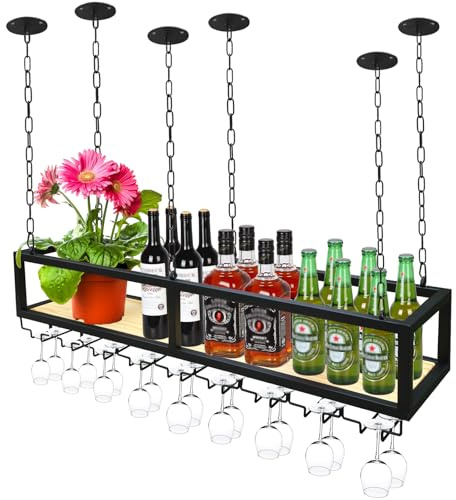 YTLEMON Deckenregal Weinregal, Höhenverstellbar Hängende Metall Weinregal, Industrieller Deckenregal Hängeregal mit Gläserhalter und Regal, Weinglashalter, für küche, Weinkeller, Bar (100cm)