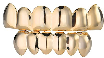 Hip Hop Gold Farbe Zähne Grills Set Top Bottom Zahn Vampir Zähne Caps Cosplay Party Rapper Schmuck für Männer Frauen,Gold