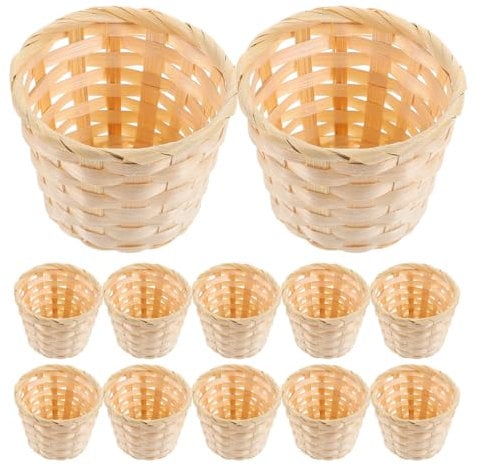 NUOBESTY 12Pcs Small Baskets Mini Wood Woven Baskets Miniature Artifical Wood Woven Baskets Mini Straw Woven Storage Baskets Without Handles Mini Grocery Basket for Office Home Supplies