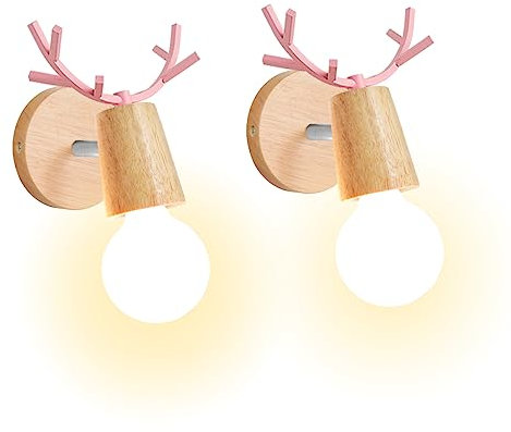 iDEGU Lot de 2 Applique Murale Moderne Créative Design Deer Antler Lampes Murale Interieur en Bois et Métal Luminaire E27 Lampe de Mur Art Déco pour Chambre Salon Couloir Café Salle de Bains (Rose)