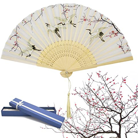 HEAWAA Faltbare Fächer Handfächer für Damen, Chinesische Stil Hand Faltfächer aus Bambus und Seide mit Quaste für Sommer Wanddekoration Dekoration Geburtstag Hochzeit Party Geschenk