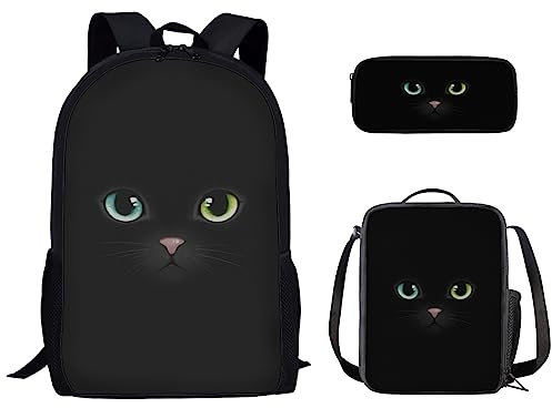 Kuiaobaty Schulranzen Set für Mädchen Jungen 3 in 1 Schulranzen mit Lunchtasche Federmäppchen für Middle College School, schwarze katze