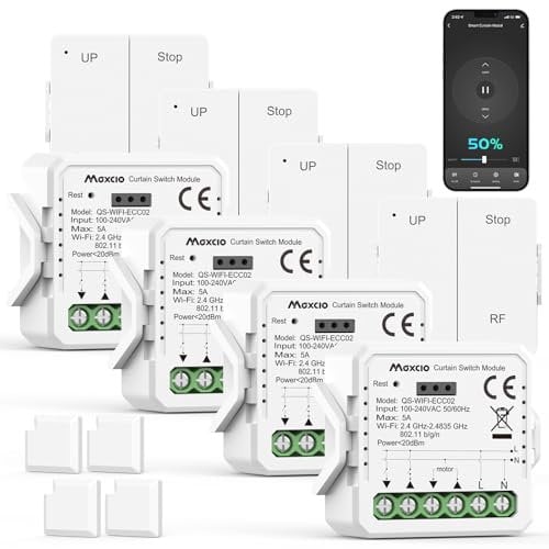Maxcio Interruptor Persiana Wifi con Control Remoto RF, Módulo de Reléde Control de Persiana con Temporizador, Función de Porcentaje, Función de voz, Compatible con Alexa y Google Home, 4 Packs