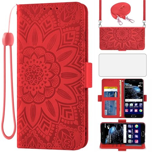 Asuwish Handyhülle für Huawei P10 Hülle mit Band und Glas Folie Schutzfolie Kartenfach Klappbar Leder Geldbörse Ständer Hawaii P 10 VTR-L09 Handy Hüllen Blumen Schutzhülle Handyhüllen Phone Case Rot