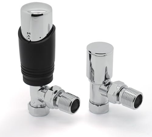VANCOCO 1/2×15mm Angled Thermostatic Radiator Valve with Lockshield Valve, Energy Saving Modern TRV H62 Brass Pair Radiator Thermostat Valves for Radiator Central Heating(Black+Chrome)