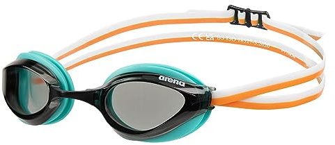 ARENA Unisex Python Racing-Schwimmbrille für Damen und Herren, Anti-Beschlag, nicht verspiegelte Gläser, maximaler Komfort, Doppelriemen, Anthrazit/Blau/Orange (Smoke/Water/Mango)