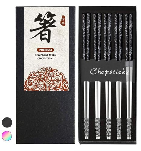 Stainless Steel Chopsticks With Case - Titanium Plated, Reusable, Non-slip, Engraved, Dishwasher Safe - 5 Pairs Set (BJ-Black05)