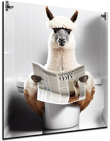 DARO Design - Bilder Deko Gäste WC Wandbild Badezimmer Bad Toilette Kunstdruck Bild auf 6mm HDF 30x20 cm Alpaca Wanddeko - lustige Wandbilder Leinwand Poster Aesthetic Room Decor Lama