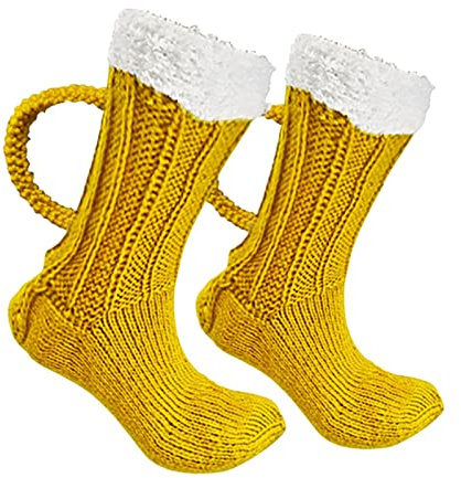 Joayuezo Beer Handle Socks Beer Mug Socks Winter Warm Novelty Floor Sock for Men Knit Beer Socks, Yellow, One Size