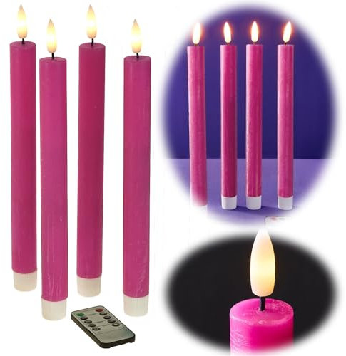 LS-LebenStil 3D Stabkerze Pink 24,5cm Echtwachs 4´er Set Timer bewegliche Kerzen Flamme