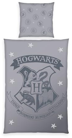 Herding Bettwäsche Harry Potter, Kopfkissenbezug 80 x 80 cm mit Wende-Motiv, Bettbezug 135 x 200 cm, Mit Reißverschluss, 100% Baumwolle/Renforcé, Grau