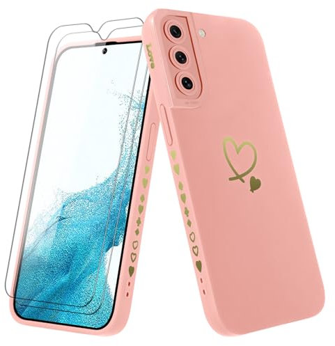 Vauki Cover con 2 Vetro Temperato per Samsung Galaxy S22 5G,Custodia con Amore Cuore per Donna TPU Silicone Morbido Antiurto AntiGraffio Case Compatibile con Samsung Galaxy S22 5G,Rosa