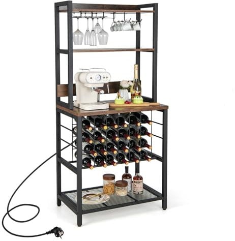 COSTWAY Mobile Bar Vino, Portabottiglie Industriale con 4 Ripiani, Porta Calici, Porte USB e Prese, con Struttura in Metallo Robusto, 75,5 x 48 x 163 cm