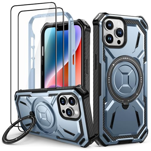 Lanhiem für iPhone 14 Pro Hülle, 360° Ring Ständer, Stoßfest Armor, Blau | mit 2 Stück Schutzfolie, Robust Bumper Schutzhülle, Militärischer Panzerhülle, Kratzfest Handyhülle für iPhone 14 Pro Case