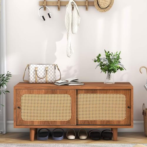 KOMHTOM Rattan Doppeltür Sideboard Schuhschrank, Aufbewahrungsschrank mit verstellbaren Trennwänden, Mehrzweckschrank für Wohnzimmer Schlafzimmer und Flur (C)