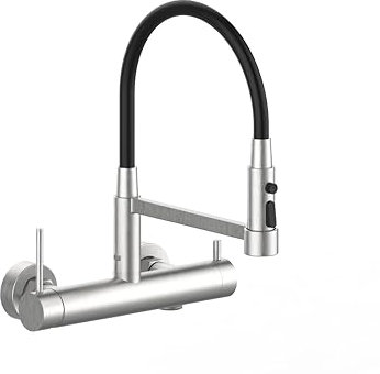 DETBOM Rubinetto da Cucina a Muro con Attacco 3/4, Rubinetto Lavello Cucina in Acciaio Inox Girevole a 360°, Miscelatore Cucina Flessibile, 3 Tipi di Getto, Altezza Totale 385 mm, Argento Spazzolato