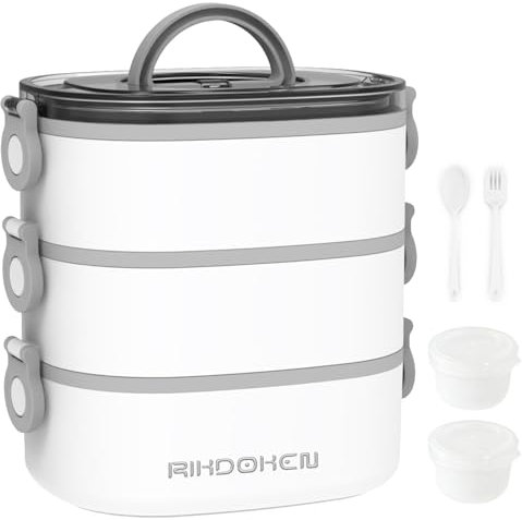 RIKDOKEN Brotdose, Behälter mit 3 Ebenen, tragbar, großes 2800 ml Fassungsvermögen, auslaufsicher, Bento Box mit Löffel, Gabel und Saucenbehälter, mikrowellensichere Brotdose für Kinder und Erwachsene