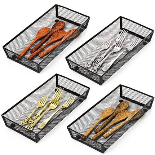 Elsjoy 4 Pack Metal Drawer Organizer, 12 Inch Mesh Flatware Organizers Kitchen Utensil Desk Drawer Organizers, Silverware Drawer Organizer Cutlery Tray for Spoon, Knife, Fork