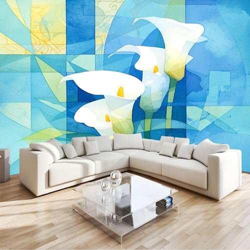 Fototapete 3D Effekt Calla-Lilienblume Blau Vliestapete Bedrucktes Wandbild, Modernes Wanddeko Poster Kunst, Für Wohnzimmer Schlafzimmer, Mit Geruchsfreiheit B300 X H210 Cm