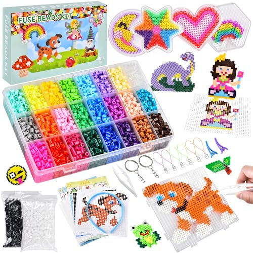 DazSpirit 6300pcs Fuse Beads Craft Kit, 26 Colours 5mm Fuse Beads with 104 Pattern Sheets Arts and Crafts for Kids, Comes with Tweezers, Pegboards, Ironing Papers, Iron Bead Art Craft Kits for Kids