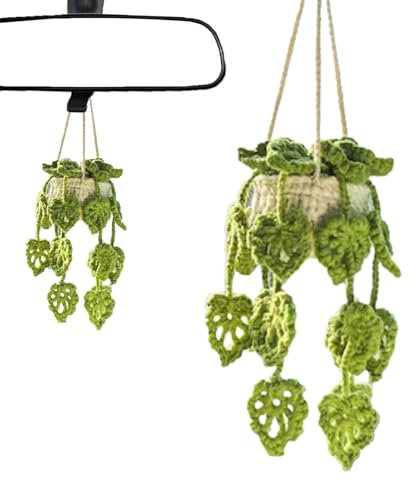 Gacqpli Häkelpflanze Für Auto - Gehäkelte Hängepflanze Für Auto, Topfpflanzen Häkeln Autozubehör, Autospiegel-Hängezubehör