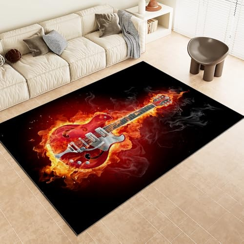 SANBEC Cool Flame Music Guitar 3D-Teppich für Wohnzimmer, Schlafzimmer, Sofa, gepolsterte Badezimmertür, Eingangsbereich