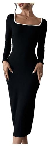GORGLITTER Women's Square Neck Contrast Binding Bodycon Midi Dress Long Sleeve Rib Knit Jumper Dresses Black M