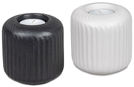 2er Set Teelichthalter schwarz weiß | Keramik Tischdeko Teelicht | 9x9 cm