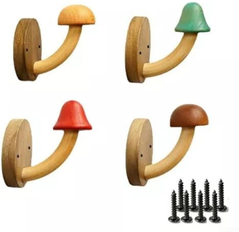 Feegow Lot de 4 crochets muraux en bois pour suspendre manteau, porte-manteau champignon avec 8 vis, cintres individuels pour vêtements, serviettes, pour porte de salle de bain