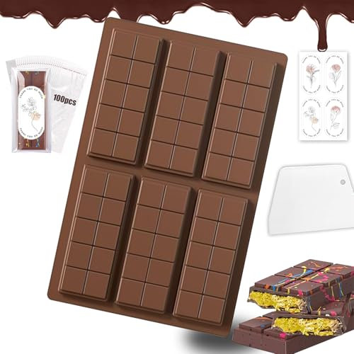 DAILIENFUS Schokoladenform Set, 6 Tafeln Tief Schokoladentafel Form aus Silikon, Dubai Schokolade Form mit Schaber und Tasche und Aufkleber für Schokolade Praline Süßigkeiten BPA-frei (Quadrat)