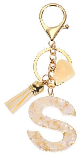 PATIKIL Porte-Clés Alphabet Initiale, Porte-Clés Mignon en Résine avec Pompon Cœur Lettre S Pendentif Charme pour Femmes Porte-Clés Sac à Main Sac à Dos Accessoires, Beige