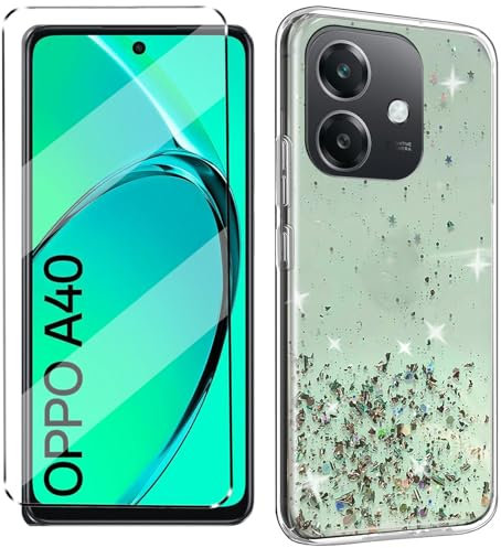 Glitter Bling Coque et 1Pcs Verre trempé Protection Compatible with Oppo A40 / Oppo A40M Coke Coque de Protection étui Housse Etui Protection et protège écran Antichoc,Vert