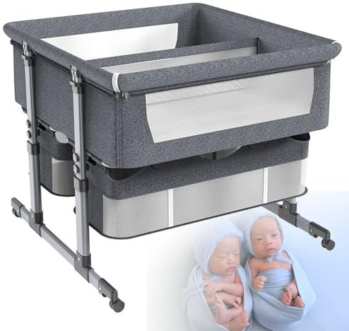 Babybett für Zwillinge, Kinderbett mit Aufbewahrungskorb und Rädern, tragbares Babybett mit Stubenwagen, 6-Fach höhenverstellbarer Nachttisch gegen Erbrechen,Grey