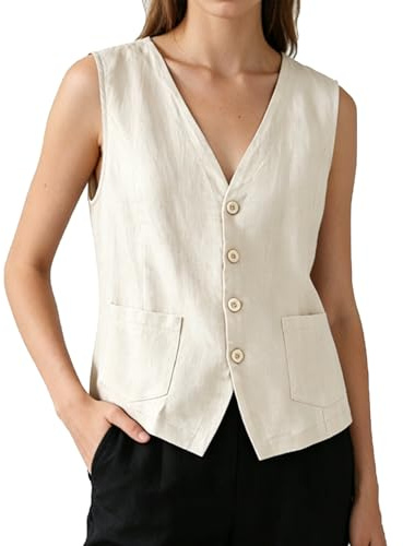 YOUNIFIZ Damen-Leinenweste, lässig, ärmellos, Knopfleiste, Leinenblazer, leicht, V-Ausschnitt, Weste, Weste mit Tasche, 128_apricot, M