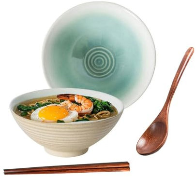 Ceraozmus Ramen Bowl Ceramic - 1200ml - 20 cm - with Spoon and Chopsticks for Ramen Soup Pho Udon Asian Noodles, Large Noodle Bowls (White Glaze)