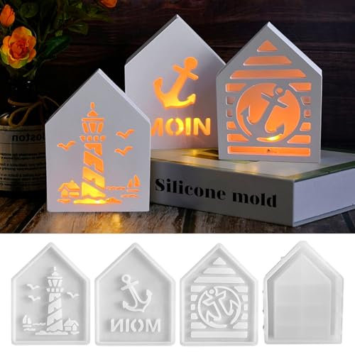 GROOFOO 4 Stück Silikonformen Gießformen Häuser – 3D Deko Silikonform Haus, Leuchtturm & Anker Set für Resin, Kerzen, Gips & Bastelarbeiten