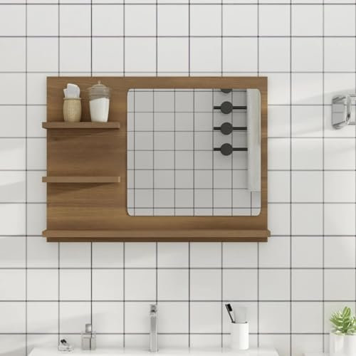 Gecheer Badspiegel Braun Eiche-Optik 60x10,5x45 cm Holzwerkstoff Spiegelregal Wandspiegel Badezimmerspiegel Bad Spiegel Badezimmer Badmöbel
