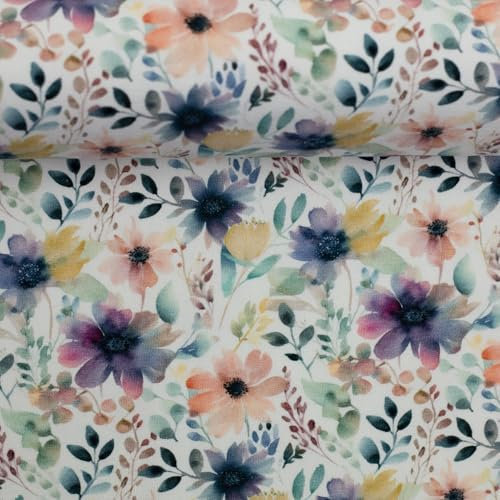 Baumwolljersey ELIAS mit Blumen – Öko-Tex Standard 100 – elastischer Jerseystoff mit Blumenmuster – Meterware ab 50 cm – für Bekleidung, Kinderkleidung & Nähprojekte (Blumen, Wasserfarben)