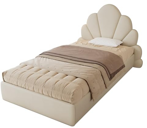 I0I&I0I Einzelbett Polsterbett Samt Beige, Kinderbett Jugendbett mit Kopfteil Blütenblätter, Stabiler Lattenrost, Metallrahmen, Modern Stilvoll rutschfest Einfacher Aufbau (90x200cm)