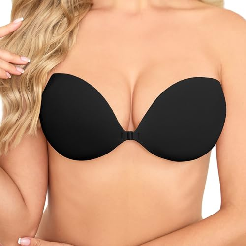ZAIQUN Invisible Stick on Bra Cups for Women Strapless Backless Sticky Bra Push Up for Large Breasts Comfortable and Resusable Adhesive Bras for Evening Dress and Wedding Dress Black