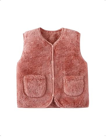 HEOXIN Gilet in Pile per Bebè Bambina, Inverno Gilet Smanicato per Bambina Piccoli con Bottoni a Pressione, Giacche Leggero e Caldo in Cardigan Neonat Giacca Unisex con Tasche, Beige/Rosa, 1-2 Anni