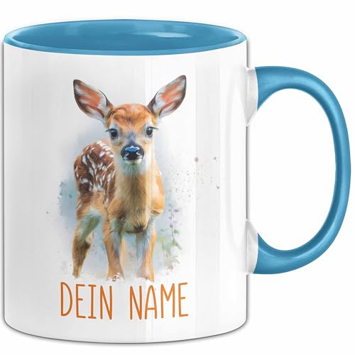 Reh Tasse mit Namen – Personalisierte Kaffeebecher Geschenkidee Tiermotiv Becher mit Namen (Blau)