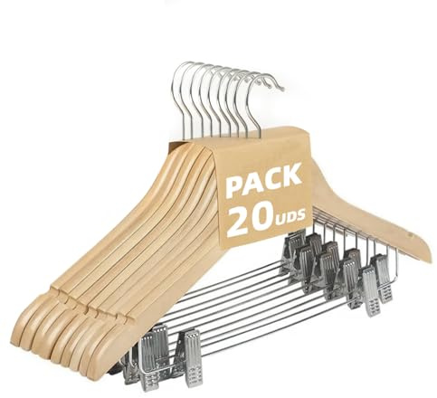 MERCURY TEXTIL - Perchas de Madera con Pinzas (Madera, 20 Unidades) | Muescas Antideslizantes, Pinzas con PVC para No Dañar la Ropa, Gancho Giratorio 360°, Perchas Madera Maciza sin Astillas